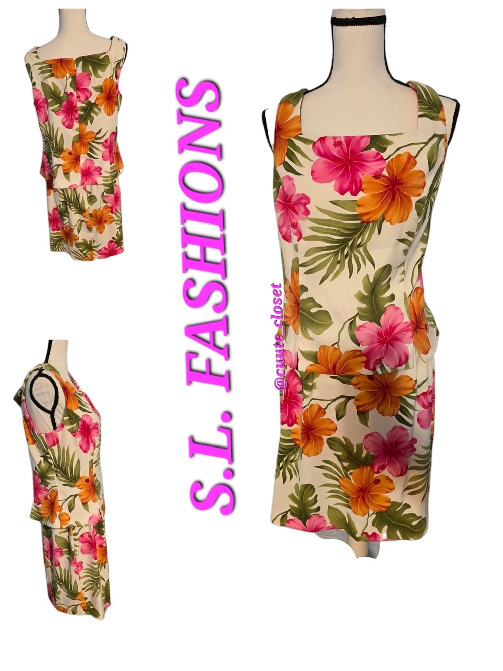 S.L. Fashions 2 Pieces Set Tropical Floral in Cream with Pink & Orange Flowers